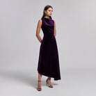 Purple Velvet Midi Dress With Asymmetric Skirt - shopaleena