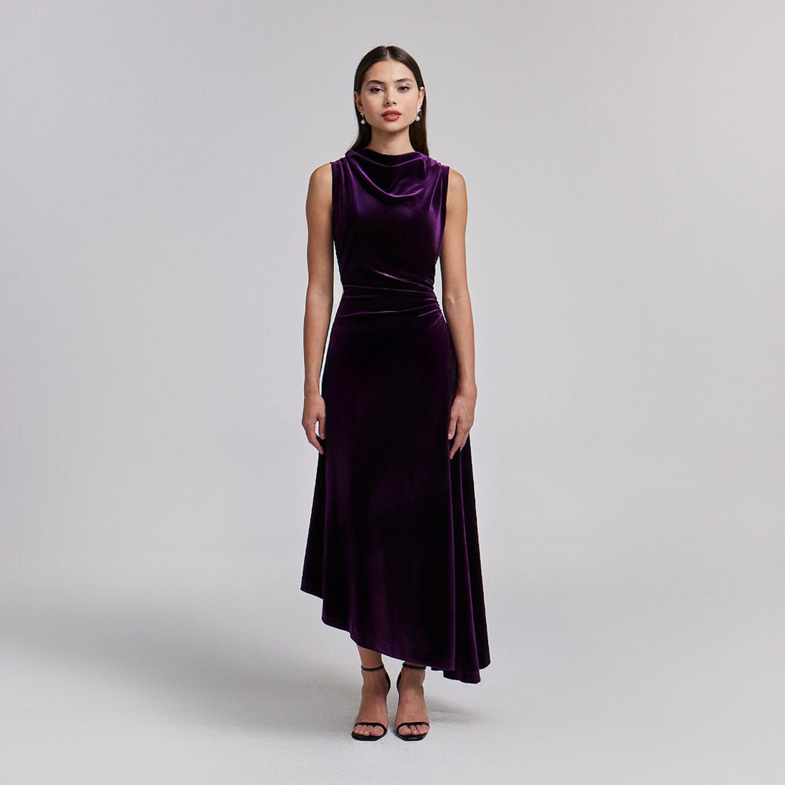 Purple Velvet Midi Dress With Asymmetric Skirt - shopaleena