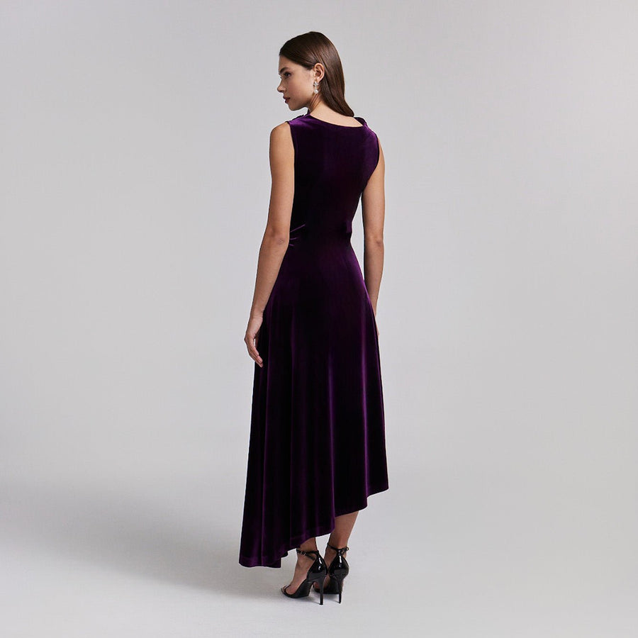 Purple Velvet Midi Dress With Asymmetric Skirt - shopaleena