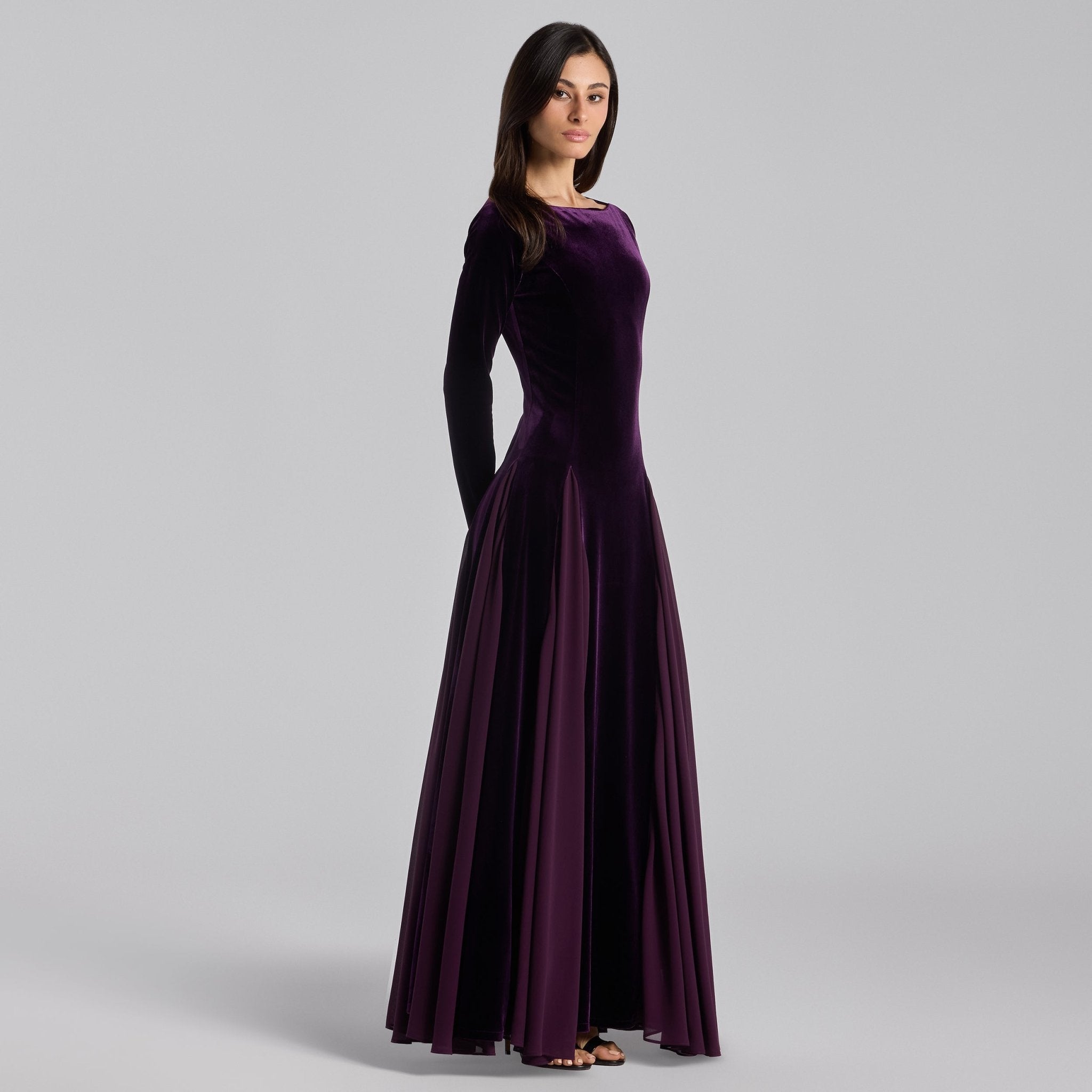 Purple Velvet Ruffled Panel Maxi Dress - shopaleena