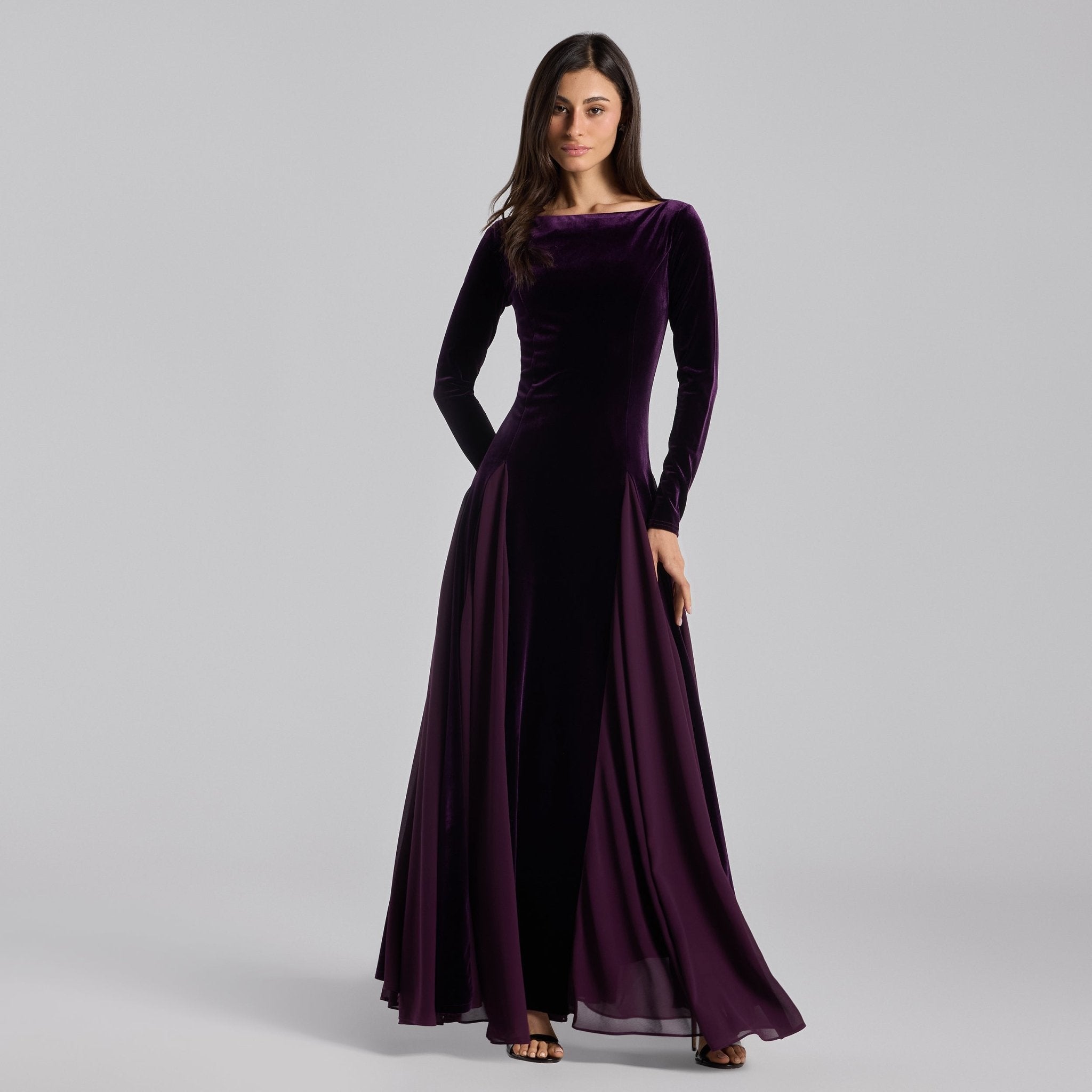 Purple Velvet Ruffled Panel Maxi Dress - shopaleena