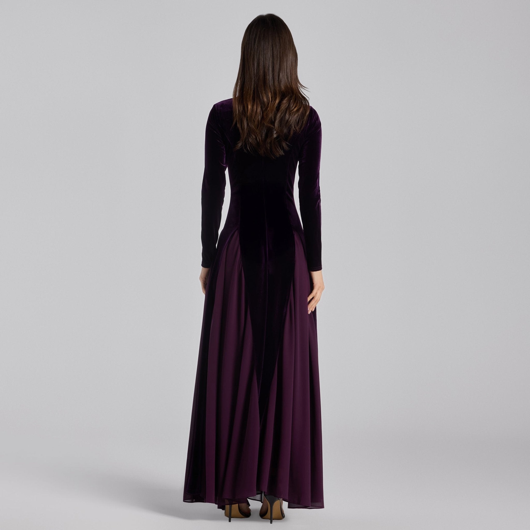 Purple Velvet Ruffled Panel Maxi Dress - shopaleena