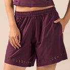 Purple Wide Leg Swim Shorts with Cutout Details - shopaleena