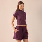 Purple Wide Leg Swim Shorts with Cutout Details - shopaleena