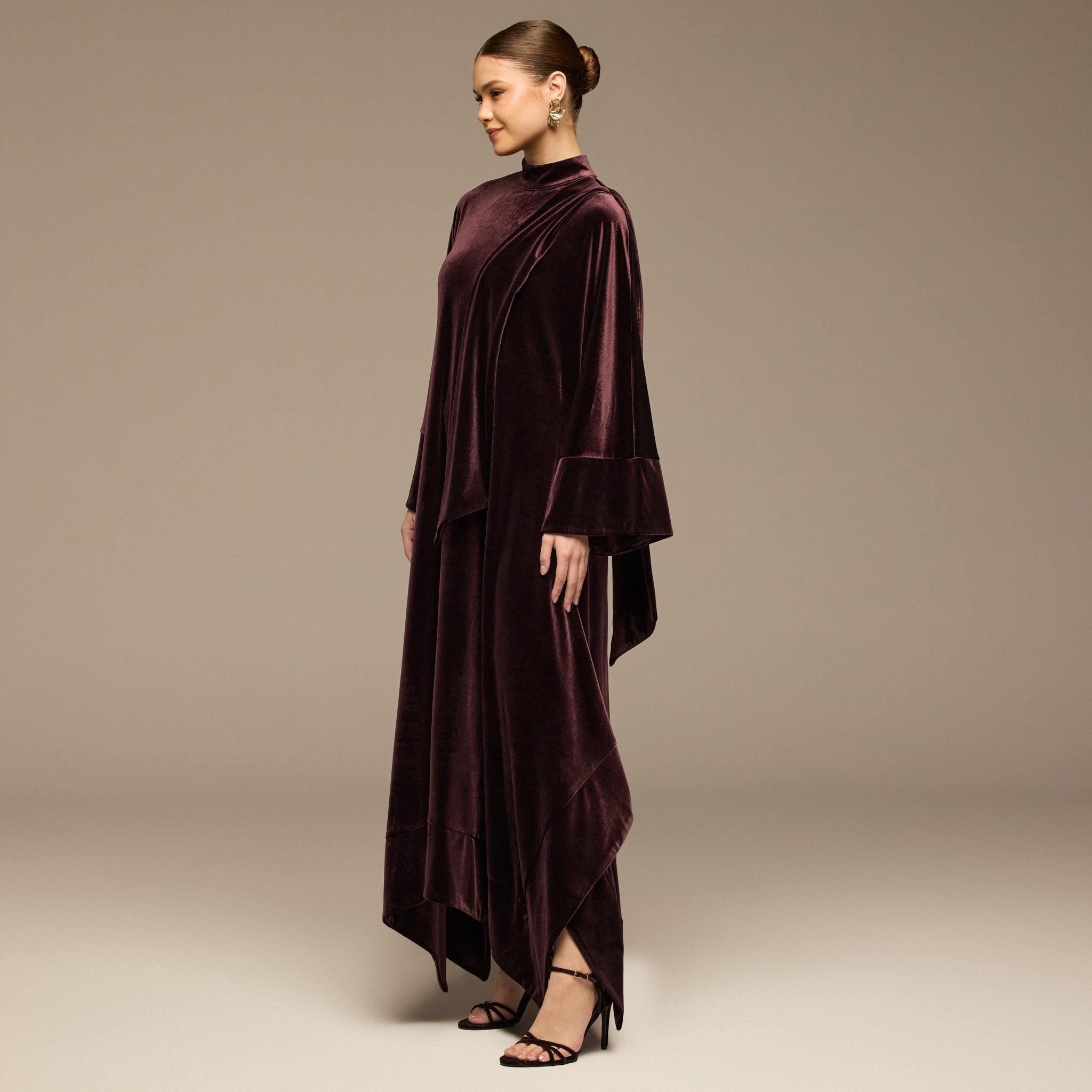 Purple Wide Sleeve Velvet Dress with Scarf - shopaleena