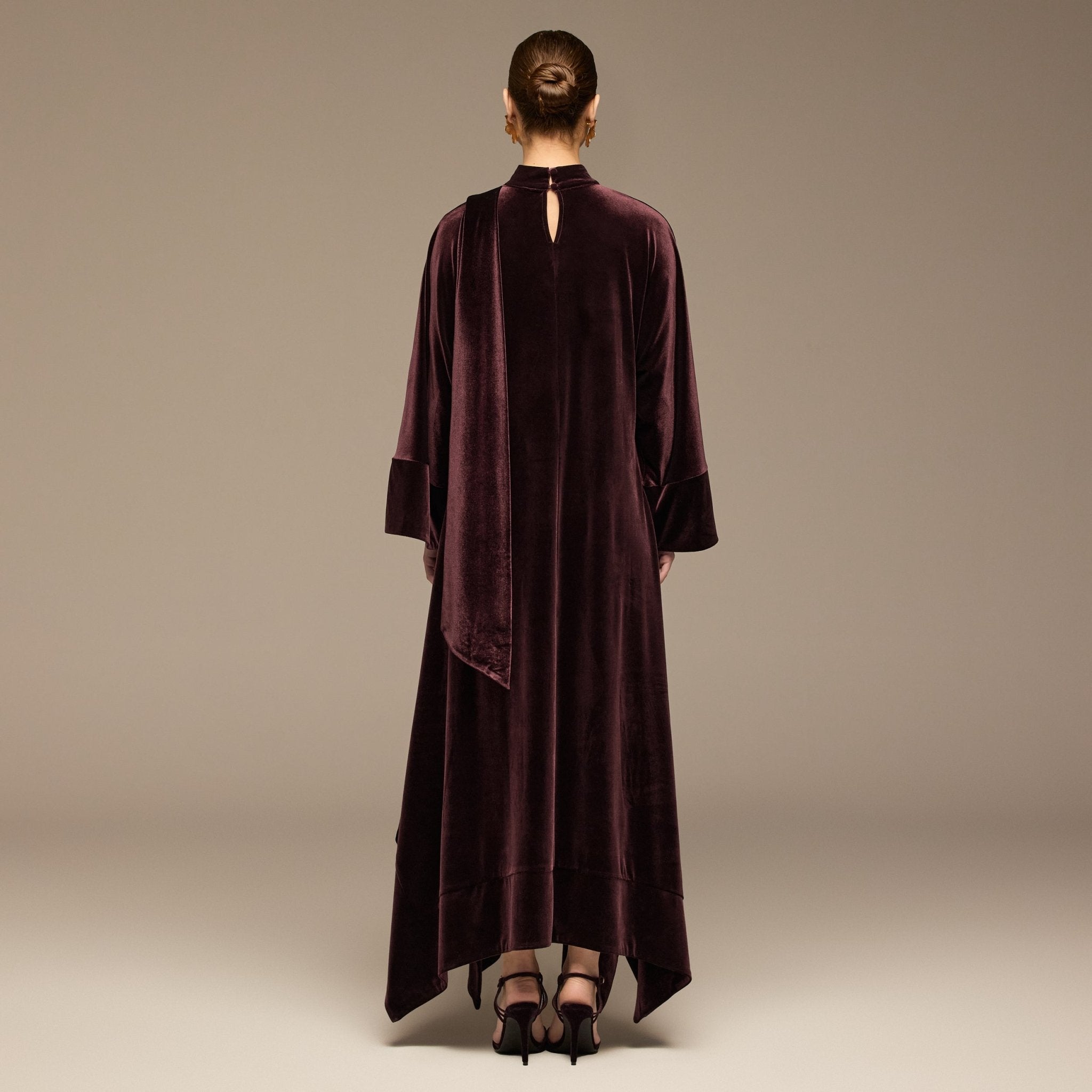 Purple Wide Sleeve Velvet Dress with Scarf - shopaleena