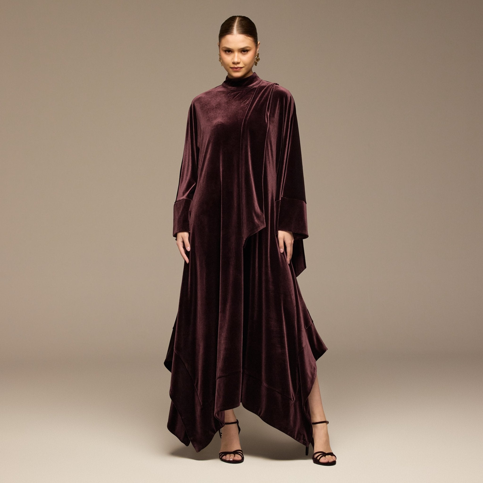 Purple Wide Sleeve Velvet Dress with Scarf - shopaleena