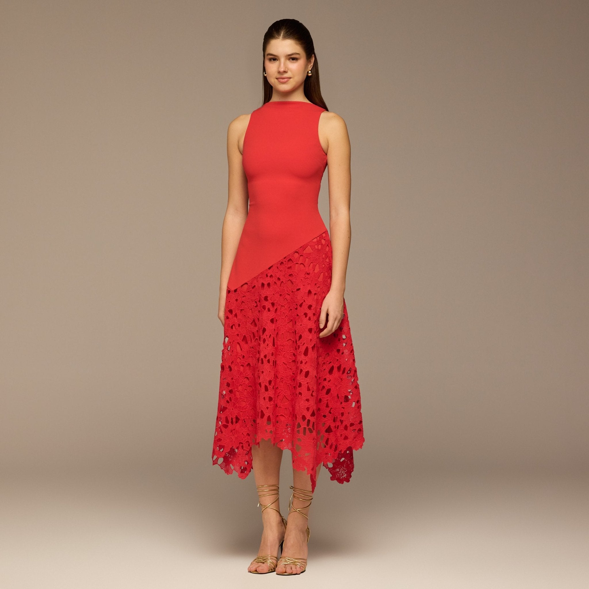 Red Asymmetric Lace - Overlay Cotton Dress - shopaleena