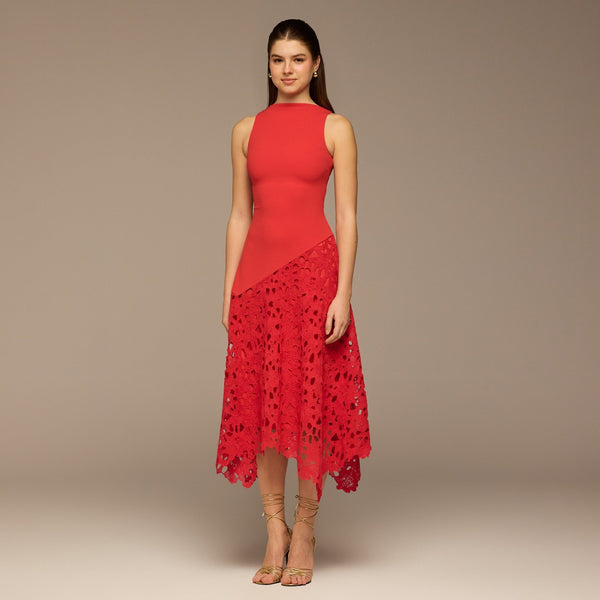 Red Asymmetric Lace-Overlay Crepe Dress – shopaleena