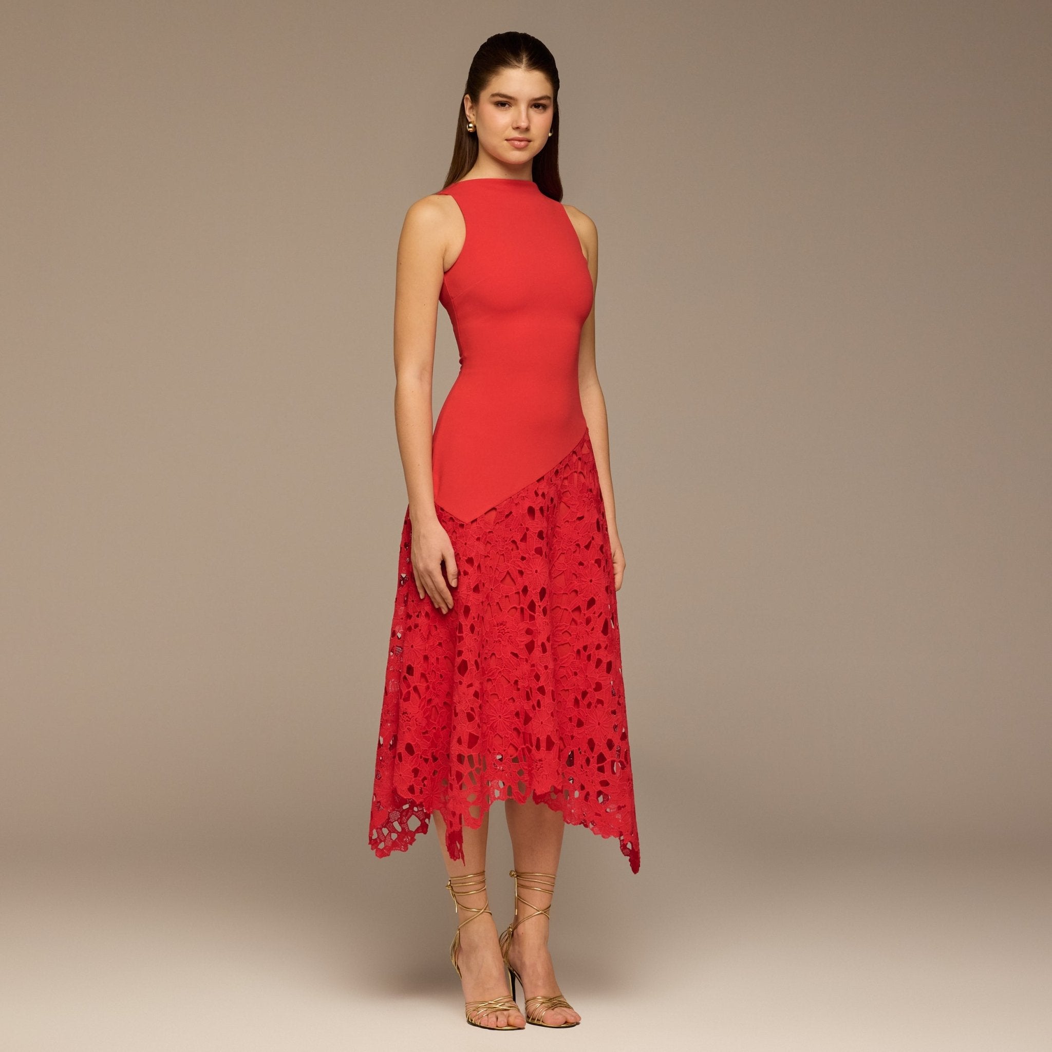 Red Asymmetric Lace - Overlay Cotton Dress - shopaleena