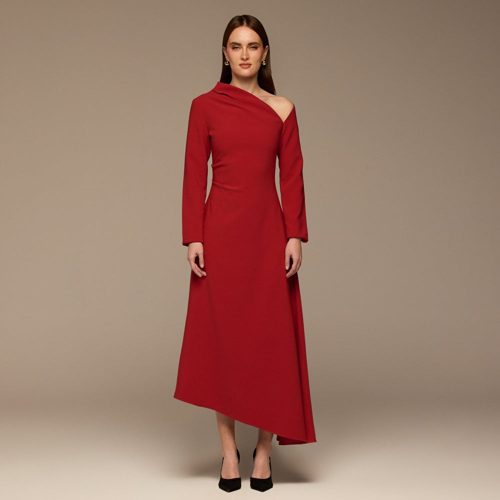 Red Asymmetric Neckline Crepe Dress - shopaleena