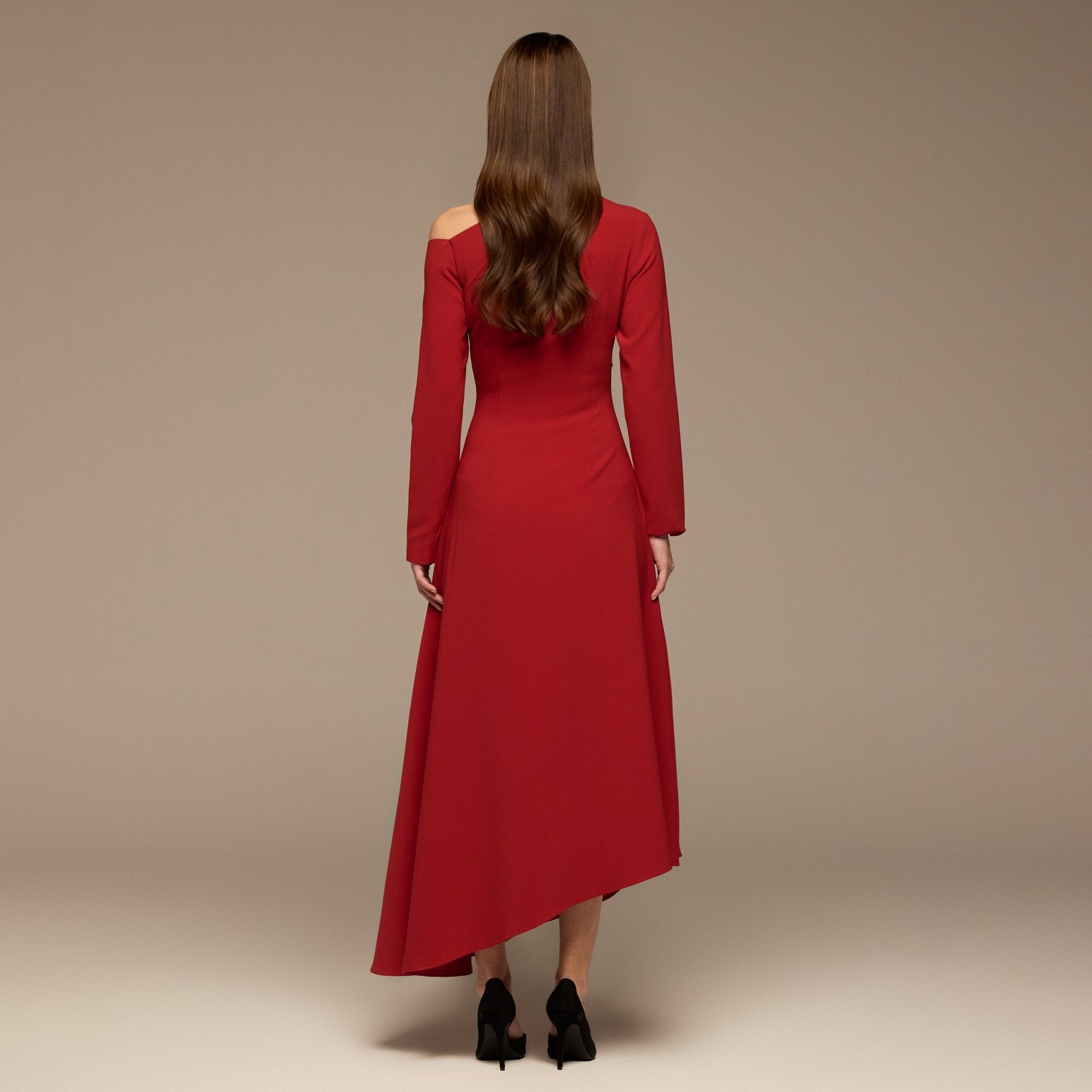 Red Asymmetric Neckline Crepe Dress - shopaleena