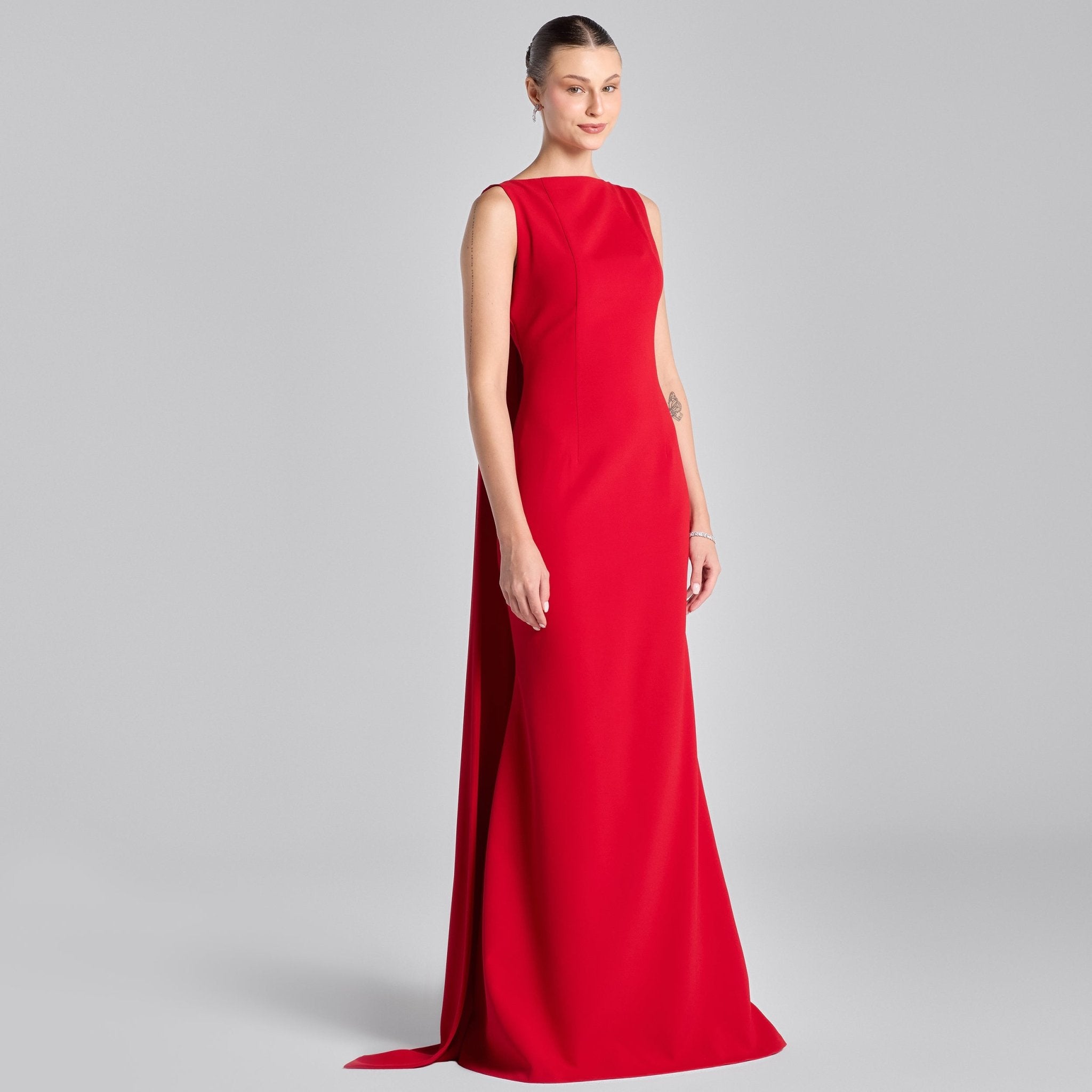 Red Back Scarf Crepe Maxi Dress - shopaleena