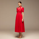 Red Cotton Poplin V - Neck Button - Front Dress - shopaleena