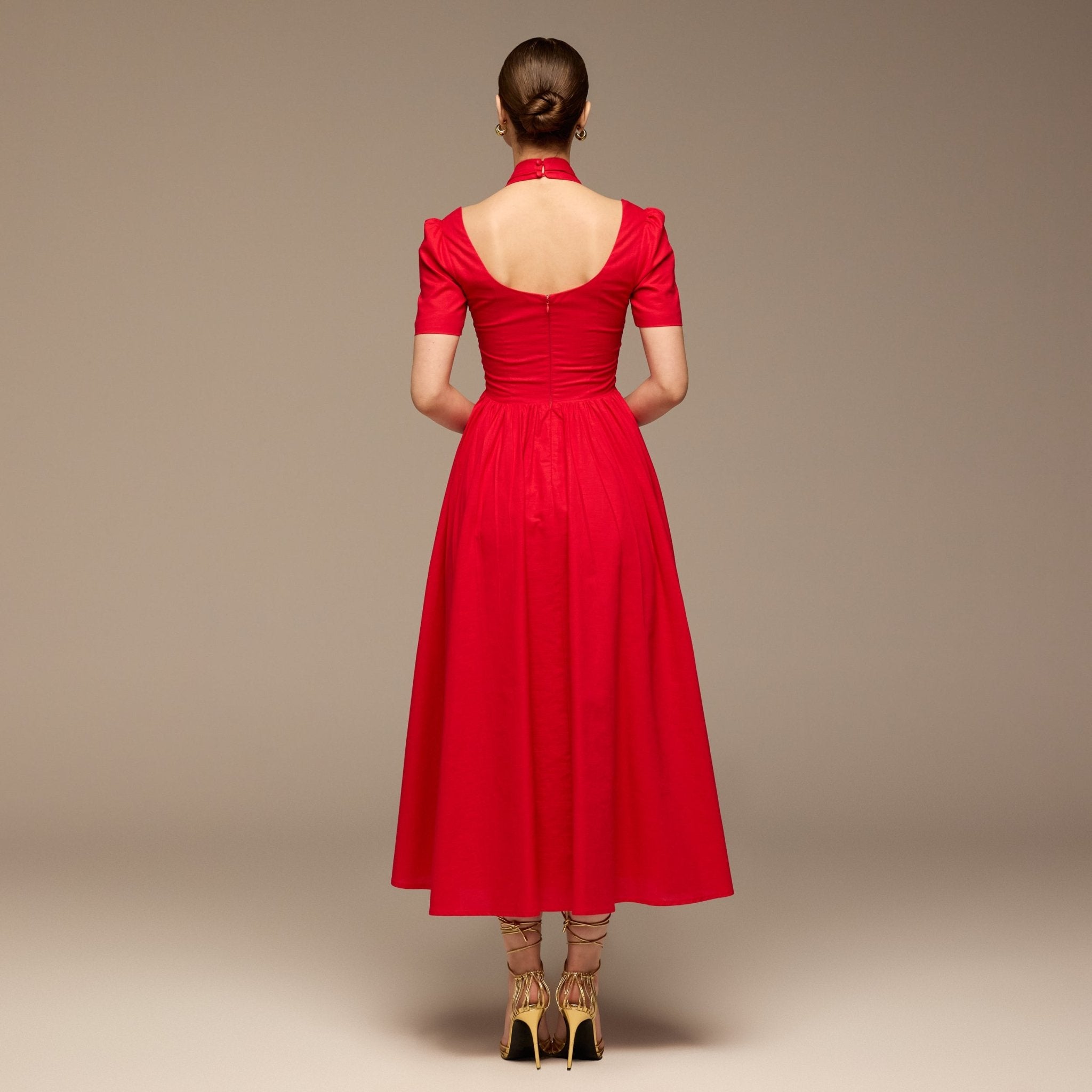 Red Cotton Poplin V - Neck Button - Front Dress - shopaleena