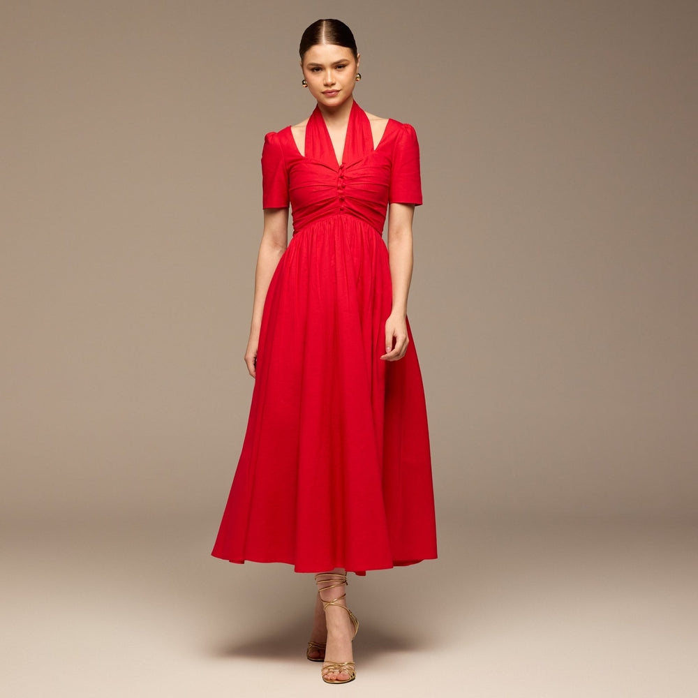 Red Cotton Poplin V - Neck Button - Front Dress - shopaleena