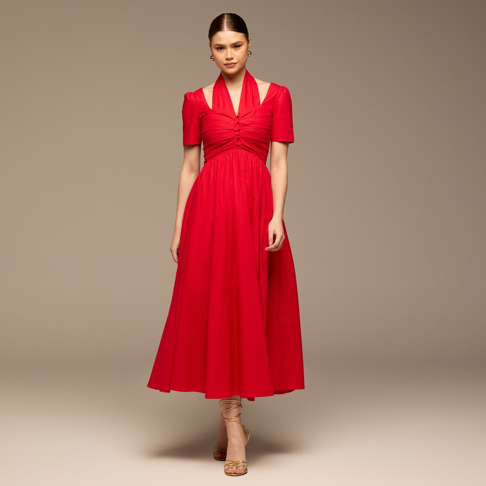Red Cotton Poplin V - Neck Button - Front Dress - shopaleena