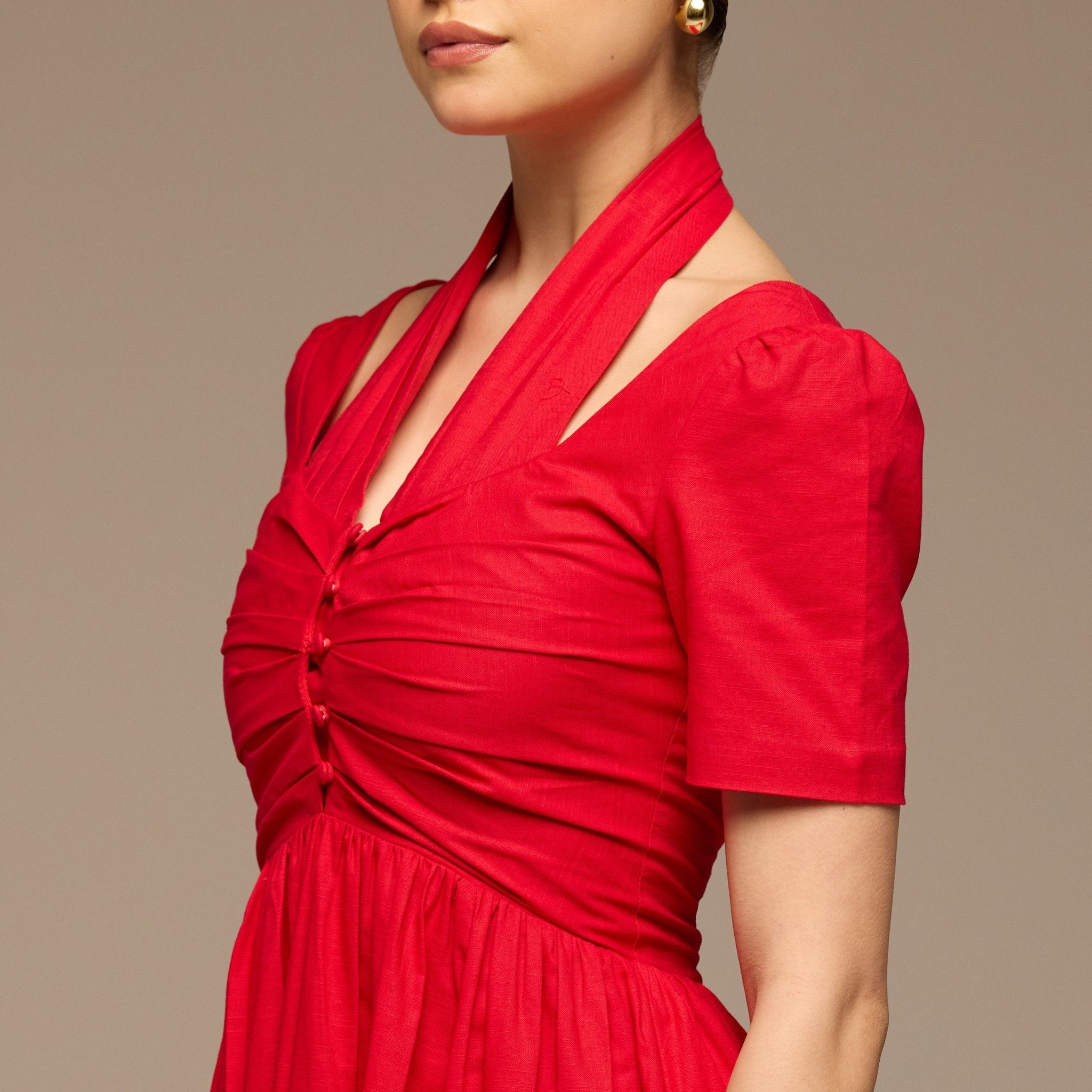 Red Cotton Poplin V - Neck Button - Front Dress - shopaleena