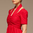 Red Cotton Poplin V - Neck Button - Front Dress - shopaleena