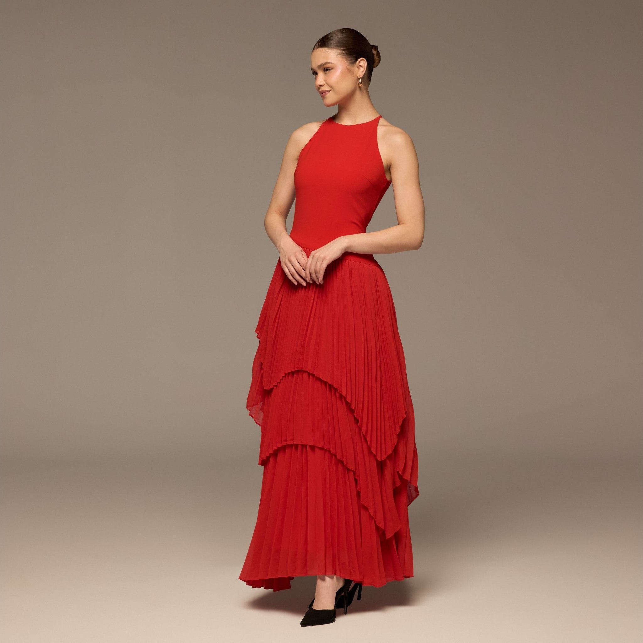 Red Crepe & Chiffon Maxi Dress with Tiered Pleated Skirt - shopaleena