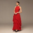 Red Crepe & Chiffon Maxi Dress with Tiered Pleated Skirt - shopaleena