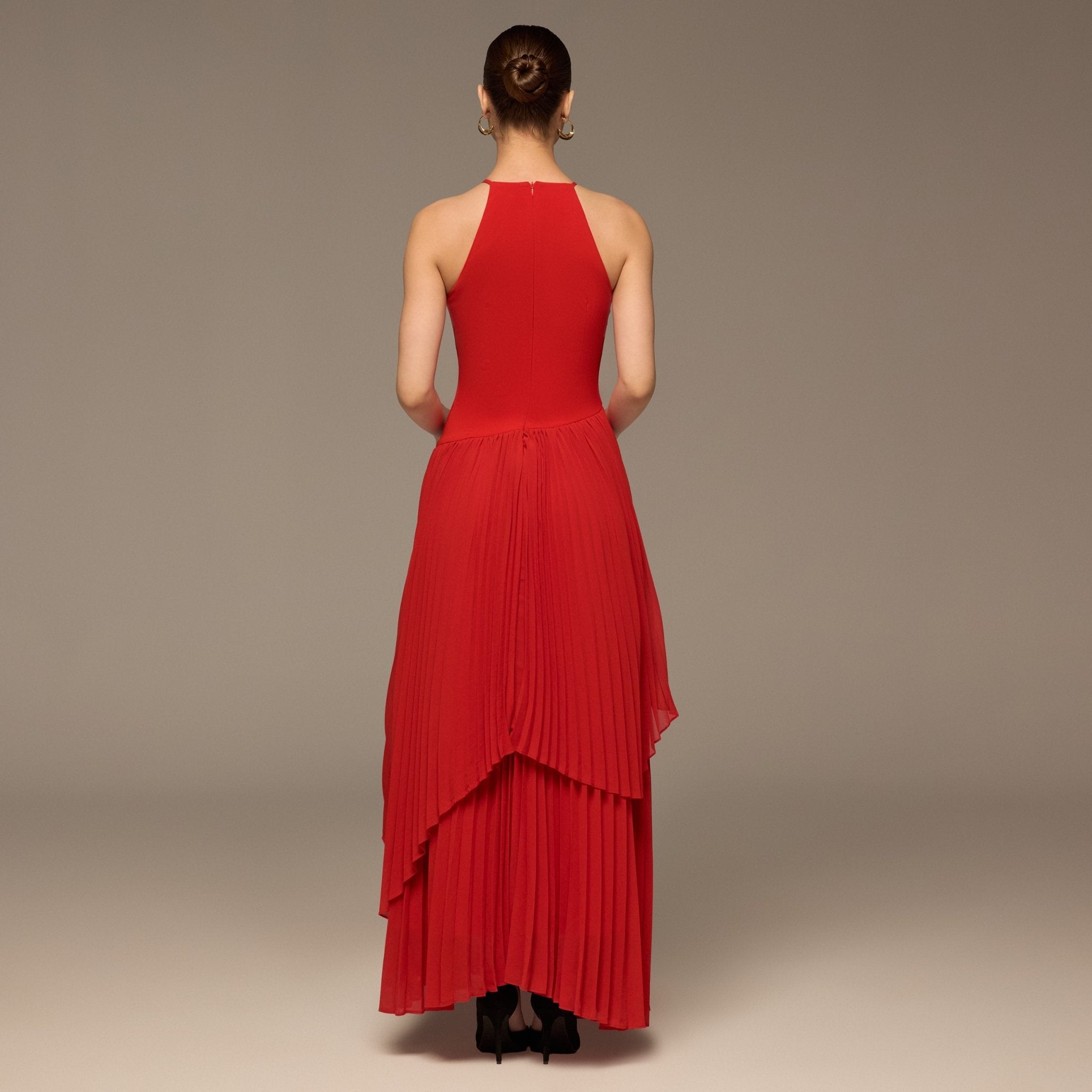 Red Crepe & Chiffon Maxi Dress with Tiered Pleated Skirt - shopaleena