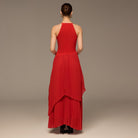 Red Crepe & Chiffon Maxi Dress with Tiered Pleated Skirt - shopaleena