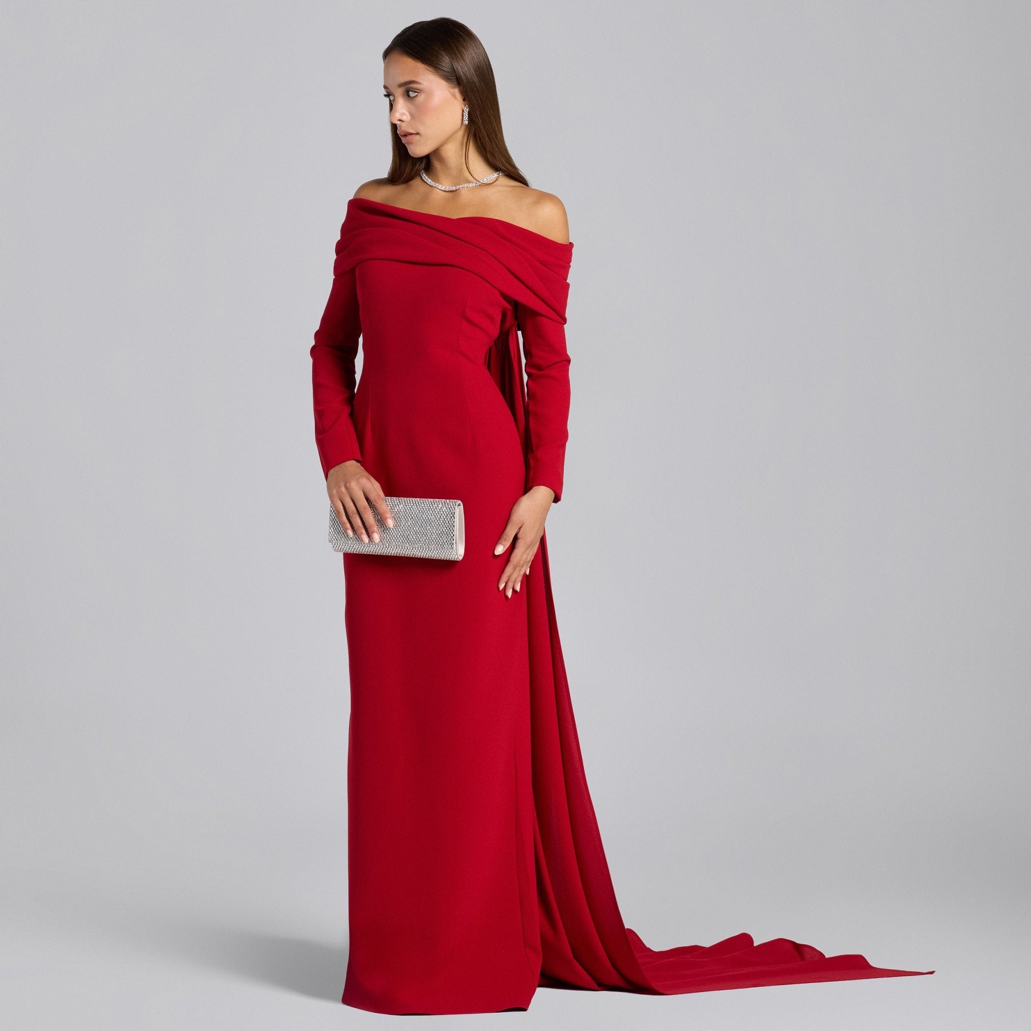 Red Crepe Draped Neck Maxi Dress - shopaleena
