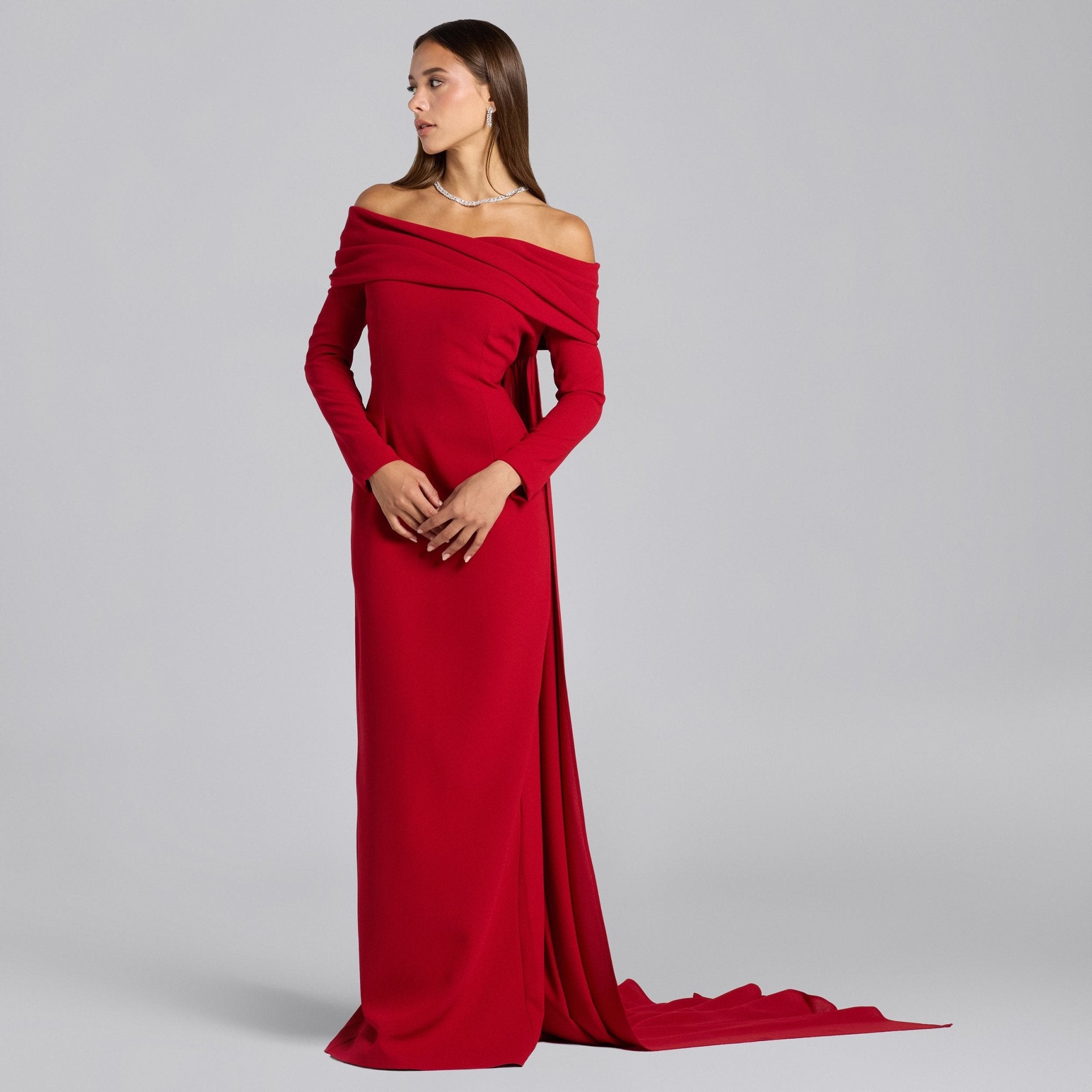 Red Crepe Draped Neck Maxi Dress
