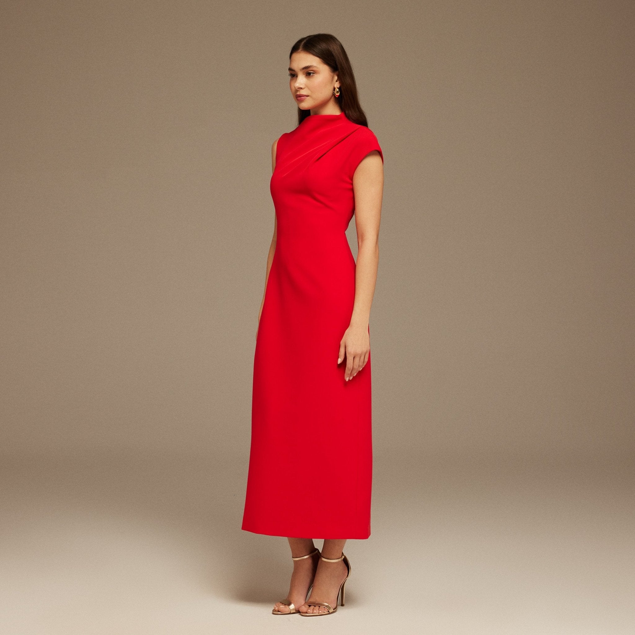 Red Draped Shoulder Short Sleeve Midi Dress - shopaleena