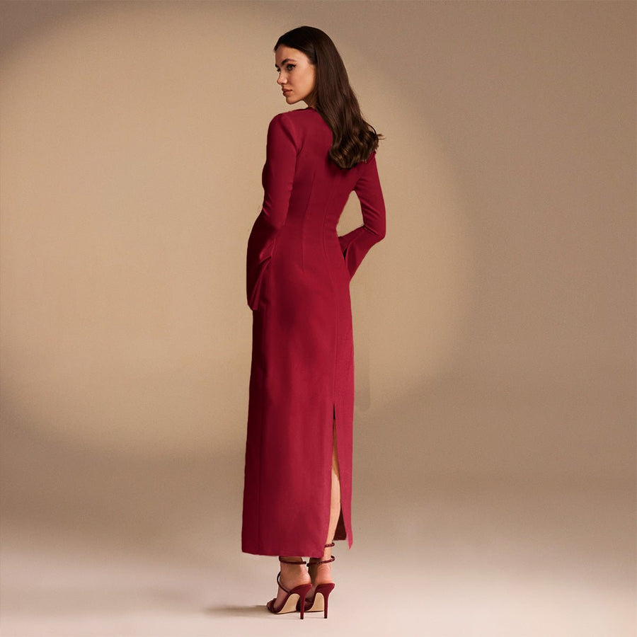 Red Flared Long Sleeve Maxi Dress - shopaleena