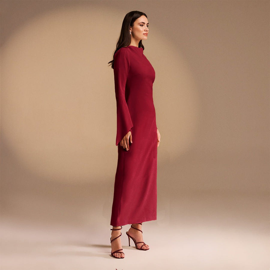 Red Flared Long Sleeve Maxi Dress - shopaleena