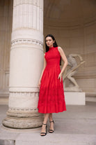 Red Lace - Paneled Cotton Midi Dress - shopaleena