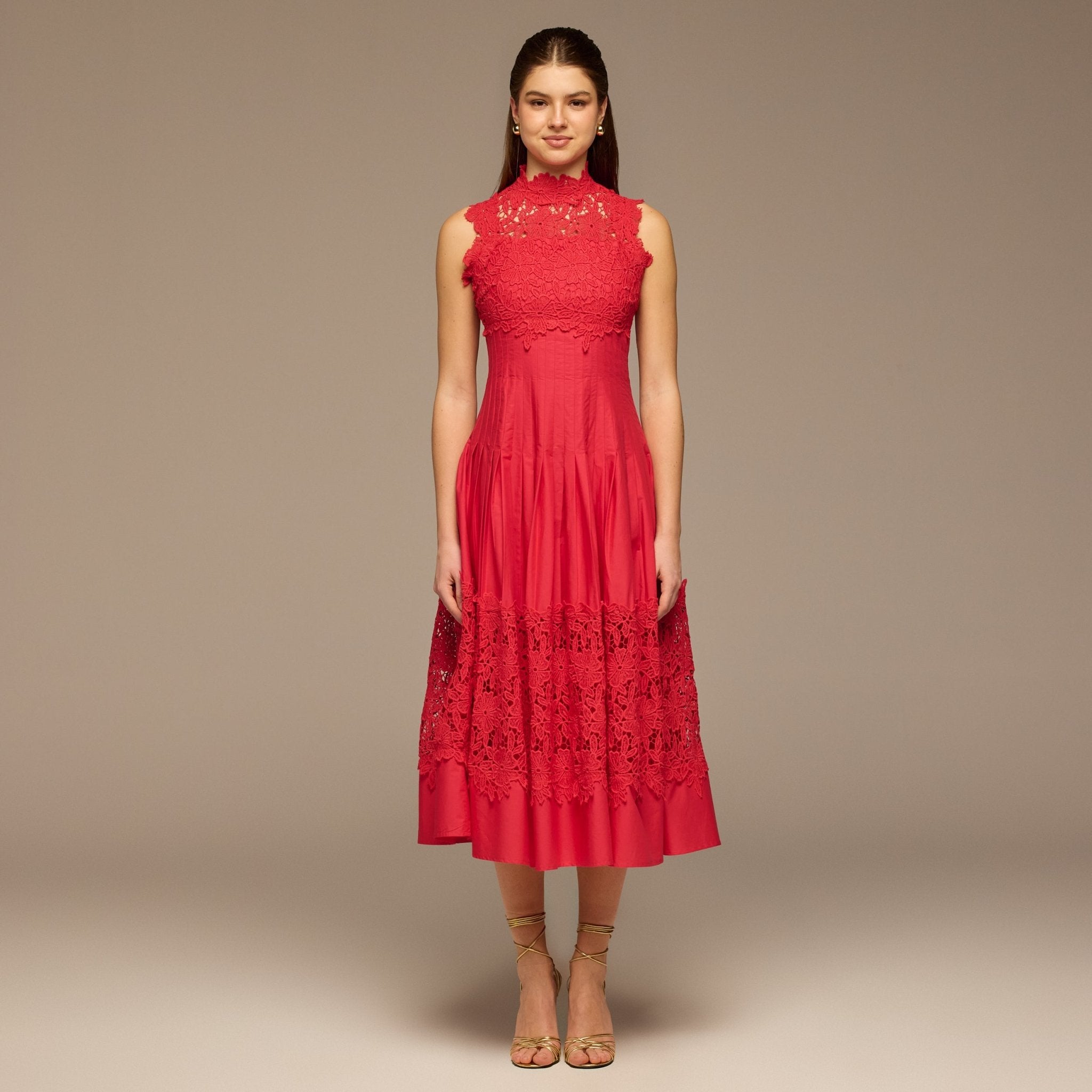 Red Lace - Paneled Cotton Midi Dress - shopaleena