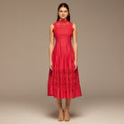 Red Lace - Paneled Cotton Midi Dress - shopaleena