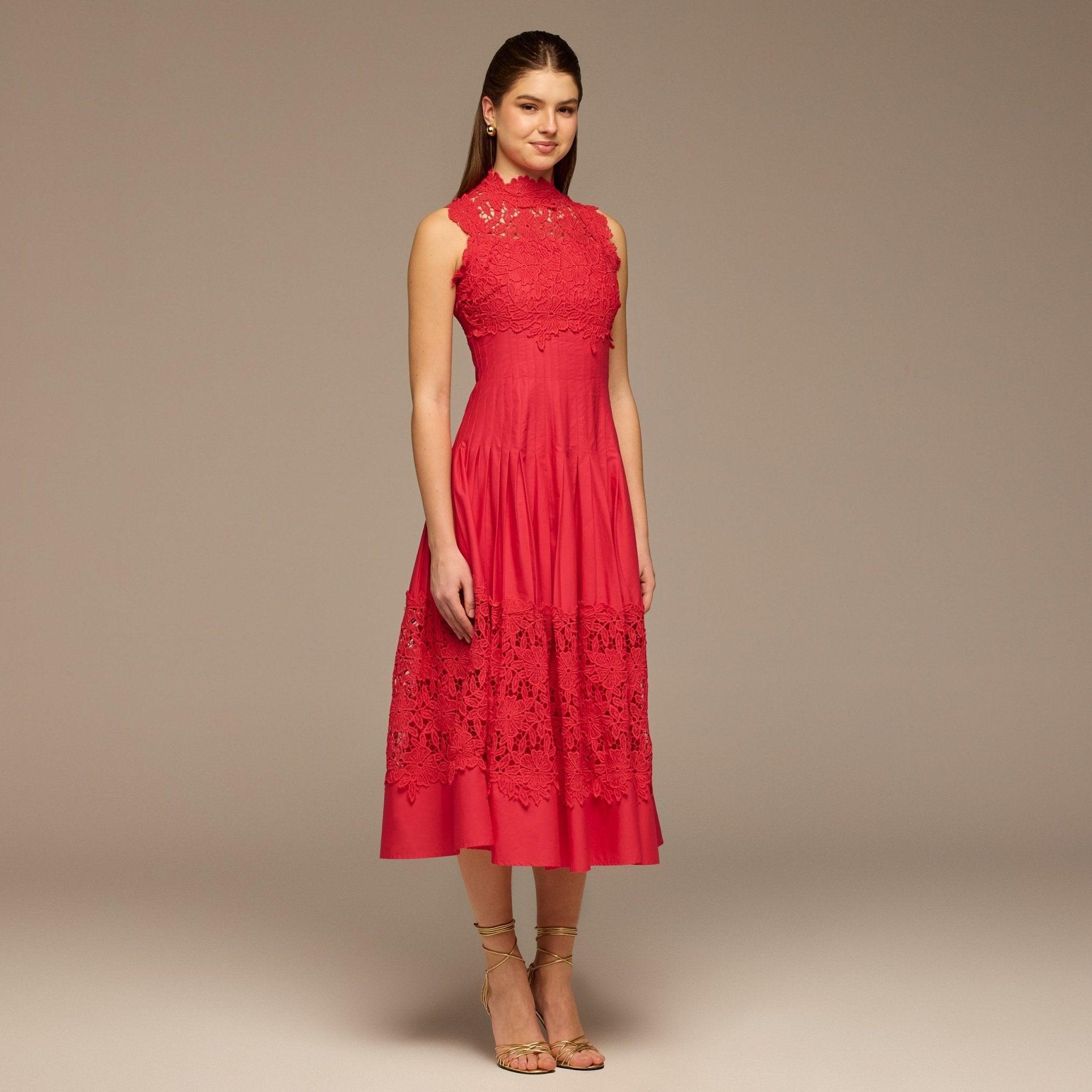 Red Lace - Paneled Cotton Midi Dress - shopaleena