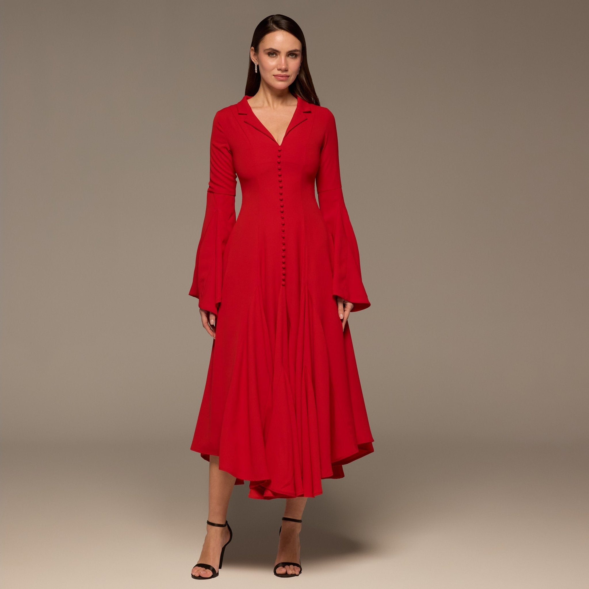Red Lapel Neck Button - Front Crepe Dress - shopaleena