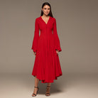 Red Lapel Neck Button - Front Crepe Dress - shopaleena