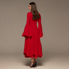 Red Lapel Neck Button - Front Crepe Dress - shopaleena