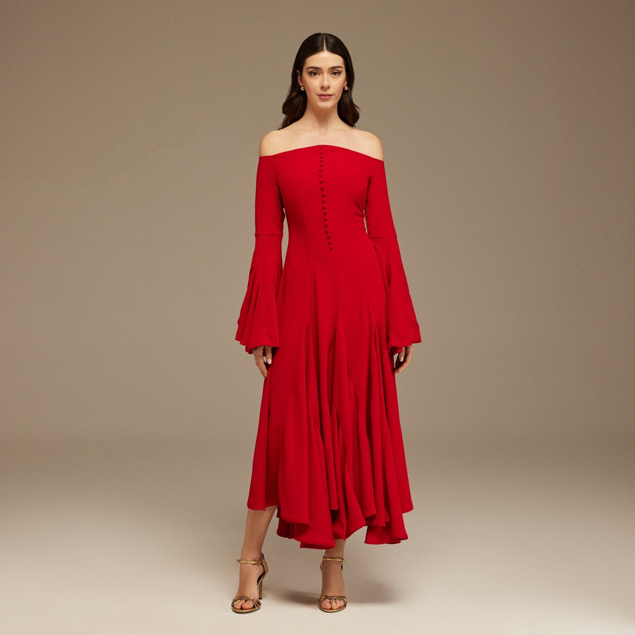 Red Off - Shoulder Aline Midi Crepe Dress - shopaleena