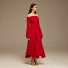 Red Off - Shoulder Aline Midi Crepe Dress - shopaleena