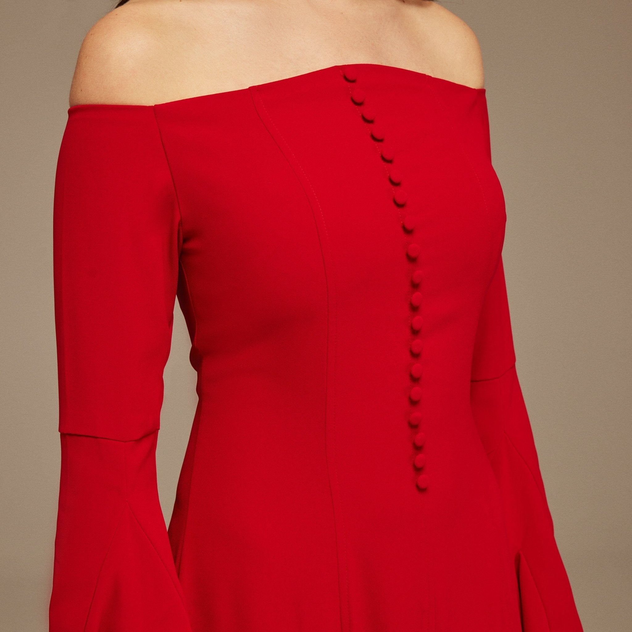 Red Off - Shoulder Aline Midi Crepe Dress - shopaleena