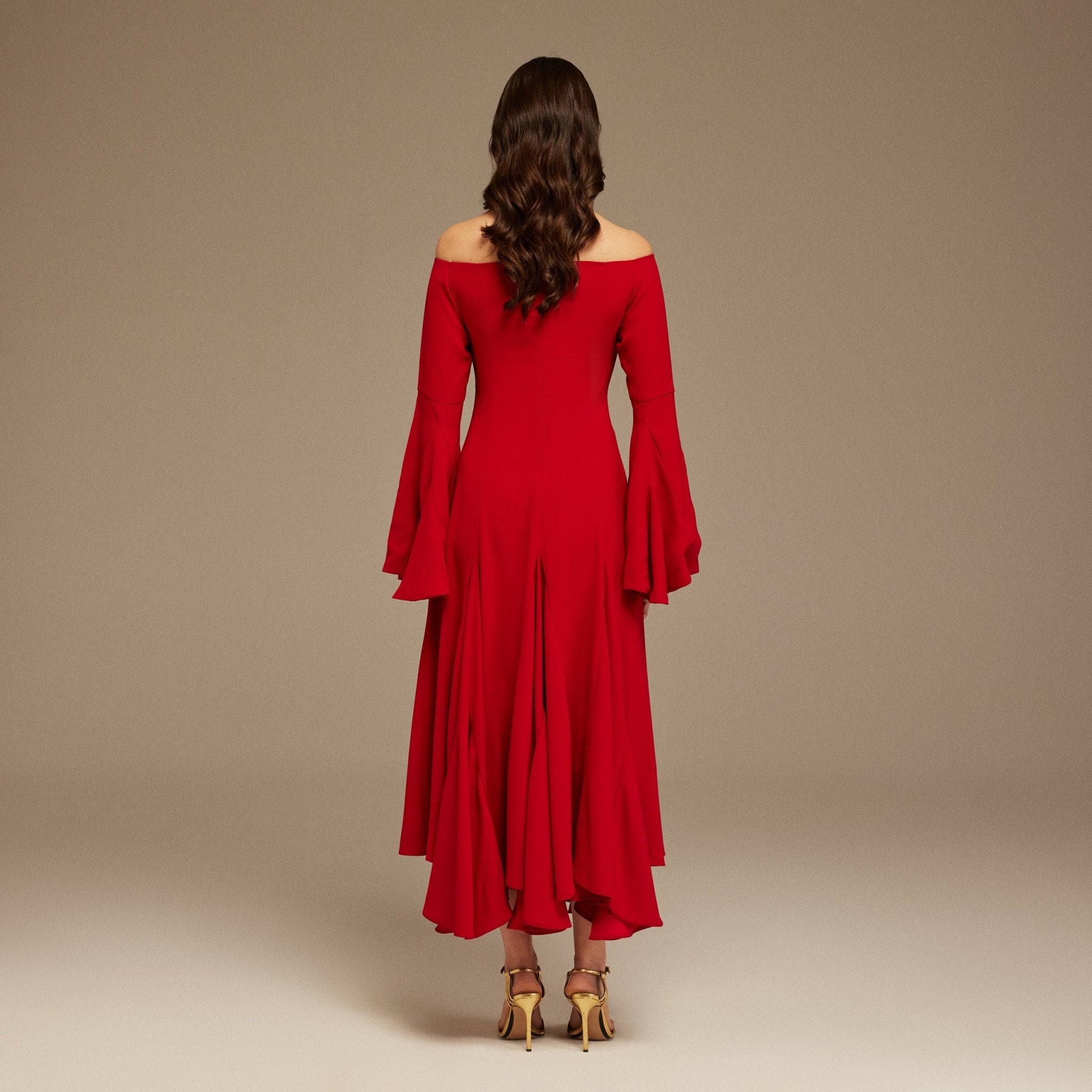 Red Off - Shoulder Aline Midi Crepe Dress - shopaleena