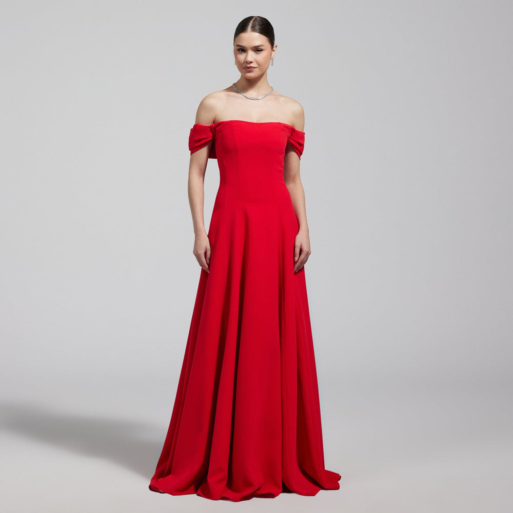 Red Off - Shoulder Crepe Gown - shopaleena
