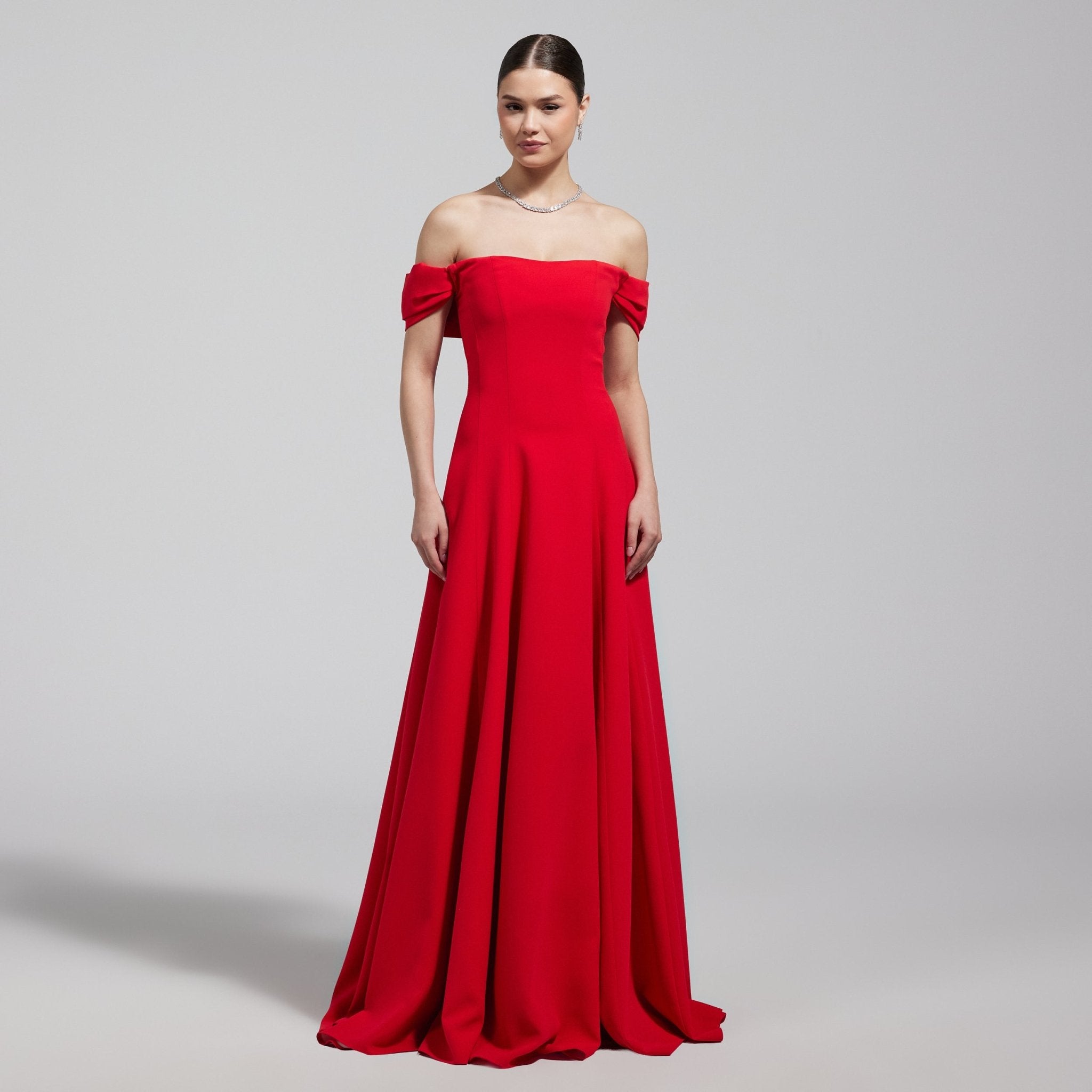 Red Off - Shoulder Crepe Gown - shopaleena