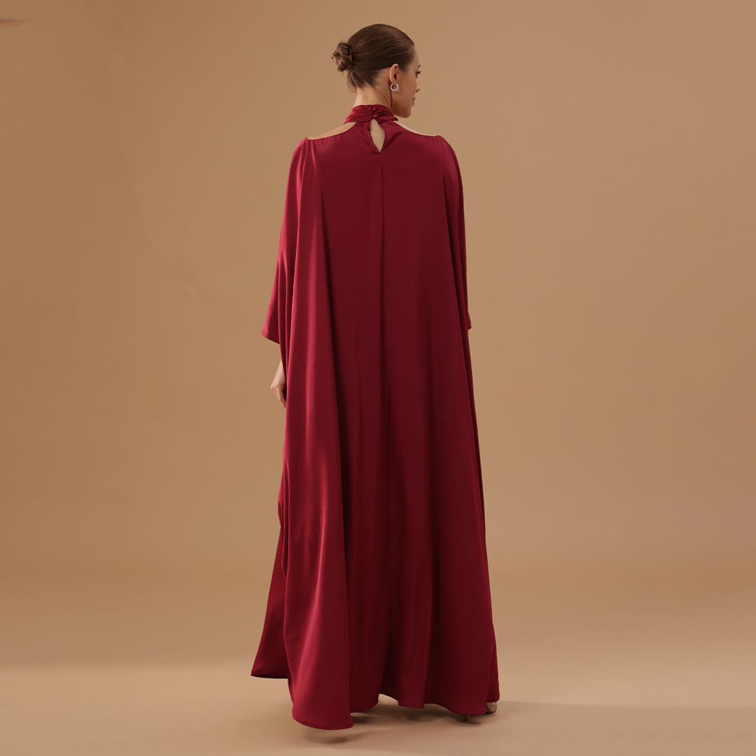 Red Off - Shoulder Kaftan with Neck Strap and Inner Belt - shopaleena