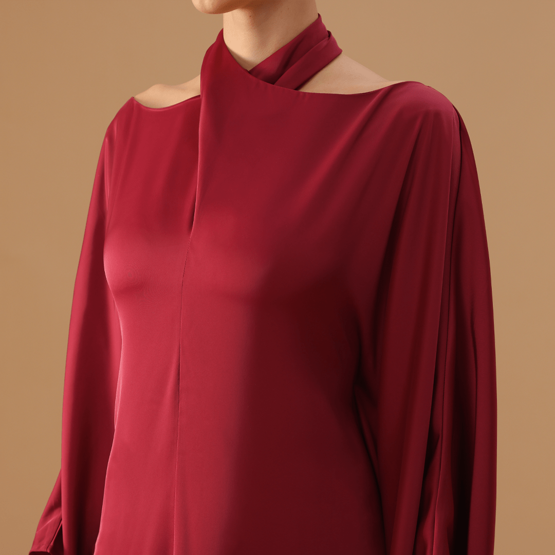 Red Off - Shoulder Kaftan with Neck Strap and Inner Belt - shopaleena