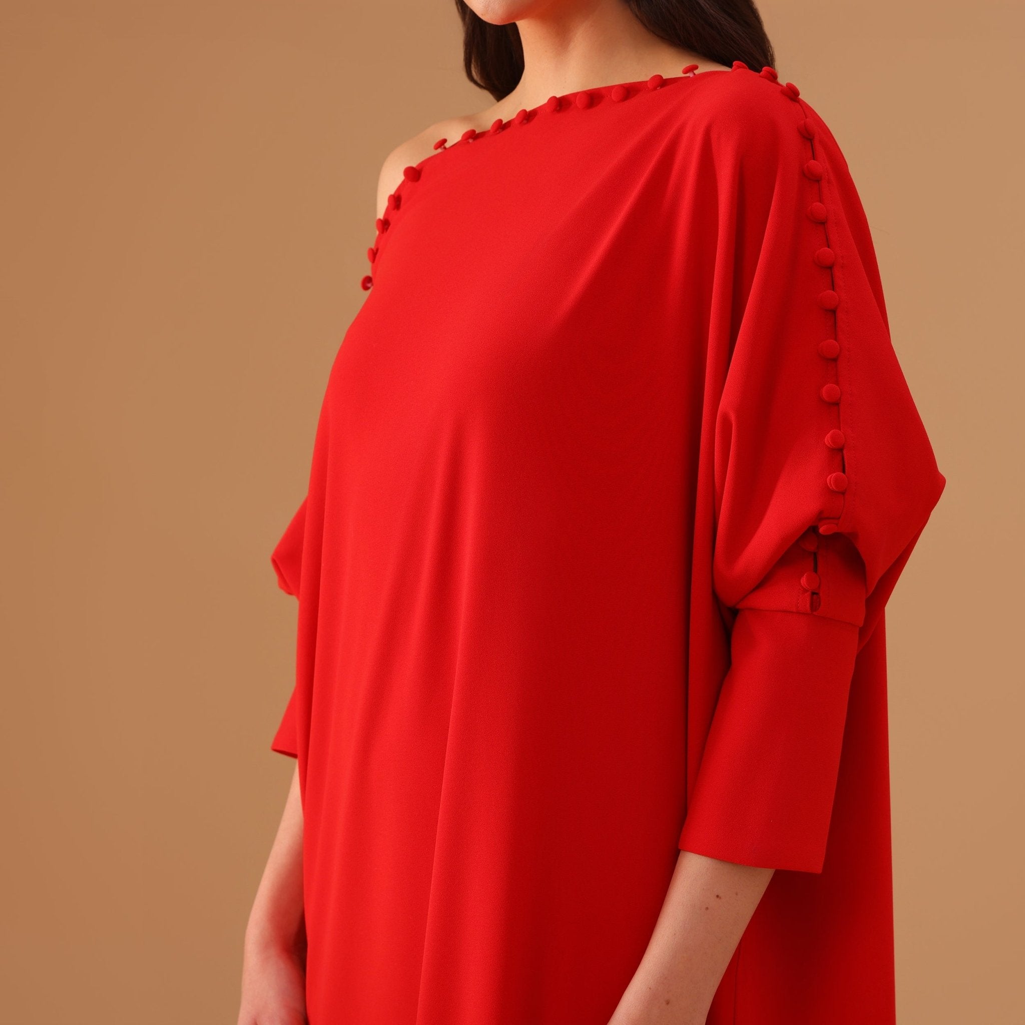 Red Off Shoulder Long Sleeve Crepe Kaftan - shopaleena