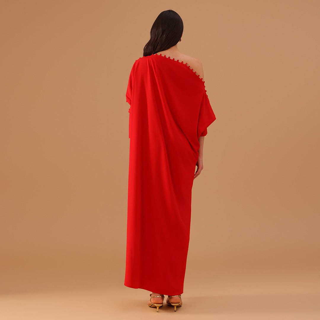 Red Off Shoulder Long Sleeve Crepe Kaftan - shopaleena