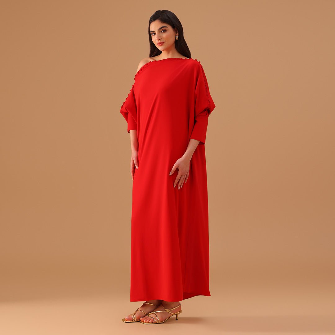 Red Off Shoulder Long Sleeve Crepe Kaftan - shopaleena